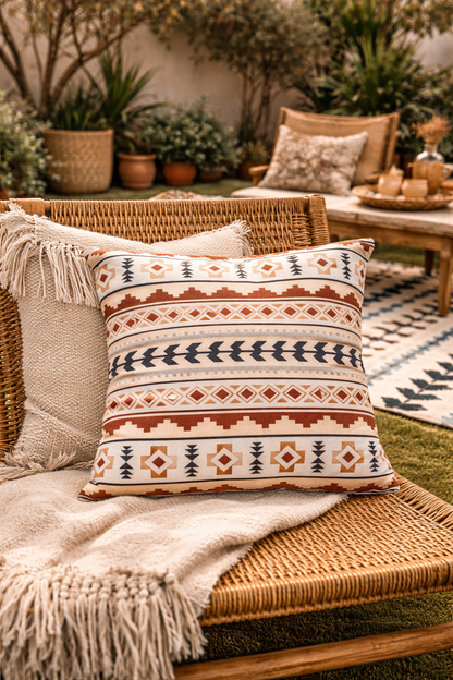 Boho outdoor pillow on a rattan patio sofa with a fringed throw and cacti behind