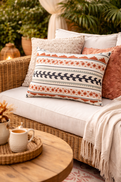 Aztec outdoor cushion on a cream patio sofa beside a wooden side table with coffee
