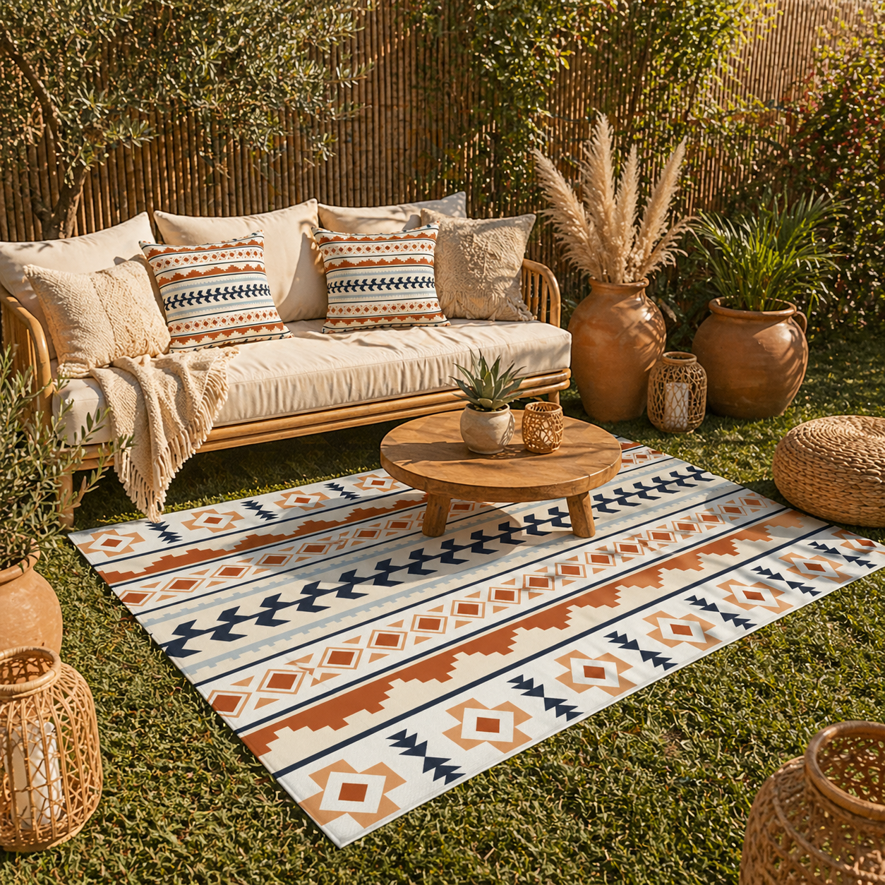 Mexican Boho outdoor pillows on a rattan garden sofa with the matching Mexican Boho outdoor rug on the grass