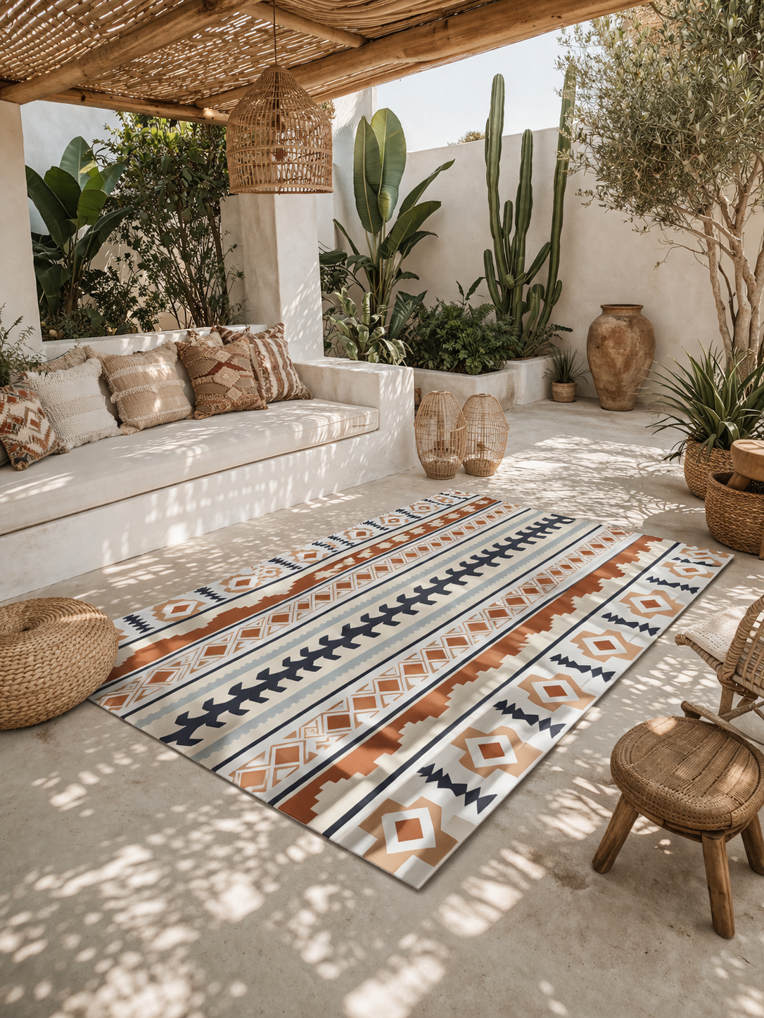 Boho outdoor rug on a covered patio with a built-in sofa, cushions and cacti