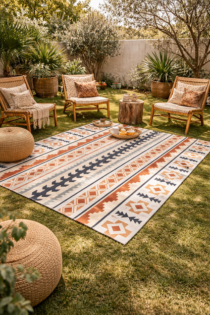 Aztec outdoor mat on a garden lawn with rattan chairs and terracotta pots