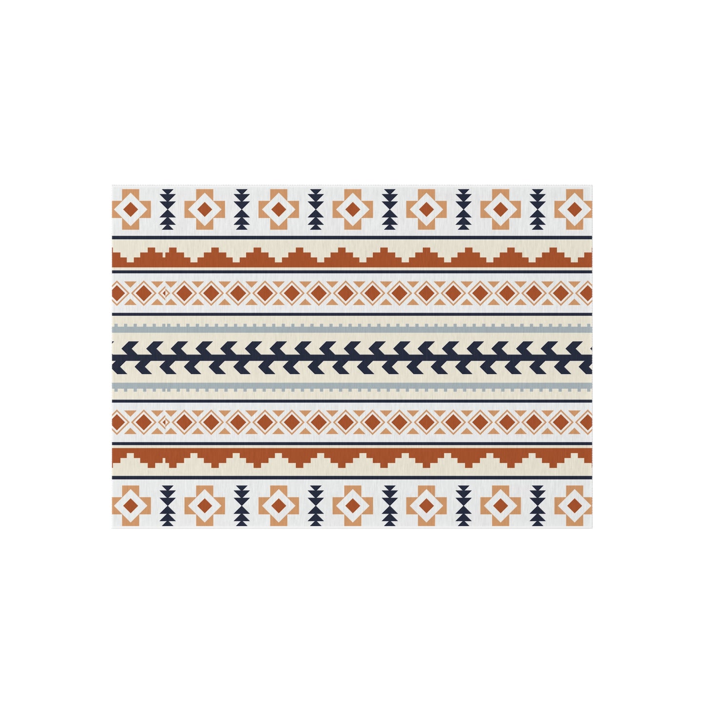 Mexican Boho outdoor rug in cream with rust, navy and pale blue Aztec bands, shown flat