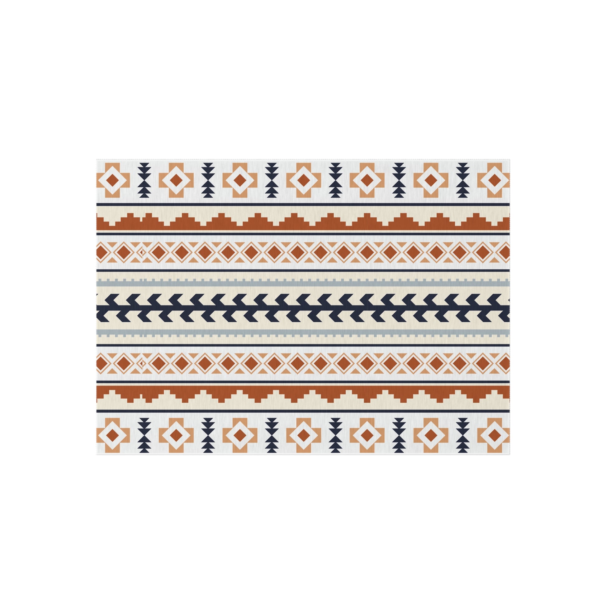 Mexican Boho outdoor rug in cream with rust, navy and pale blue Aztec bands, shown flat