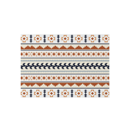 Mexican Boho outdoor rug in cream with rust, navy and pale blue Aztec bands, shown flat