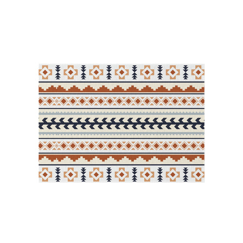 Mexican Boho outdoor rug in cream with rust, navy and pale blue Aztec bands, shown flat