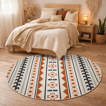 Southwestern round rug beside a bed with cream linens in a boho bedroom
