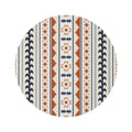 Mexican Boho round rug in cream with rust, navy and pale blue Aztec stripes, shown flat