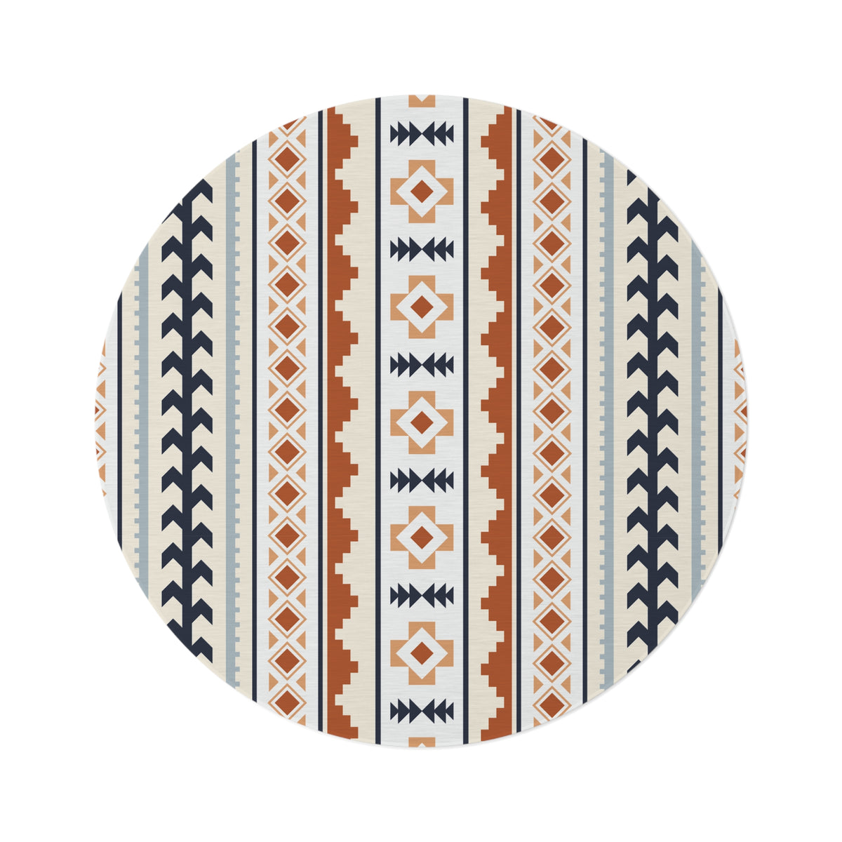 Mexican Boho round rug in cream with rust, navy and pale blue Aztec stripes, shown flat