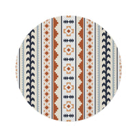 Mexican Boho round rug in cream with rust, navy and pale blue Aztec stripes, shown flat