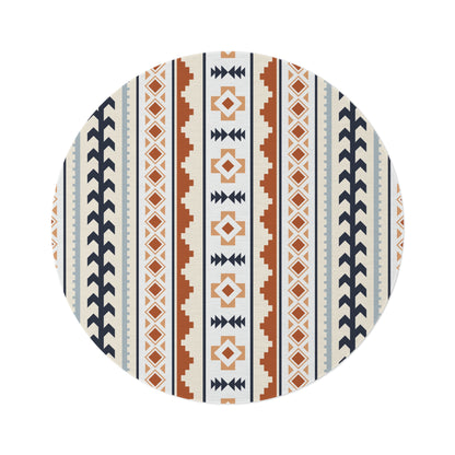 Mexican Boho round rug in cream with rust, navy and pale blue Aztec stripes, shown flat