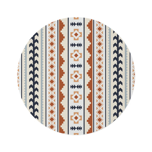 Mexican Boho round rug in cream with rust, navy and pale blue Aztec stripes, shown flat