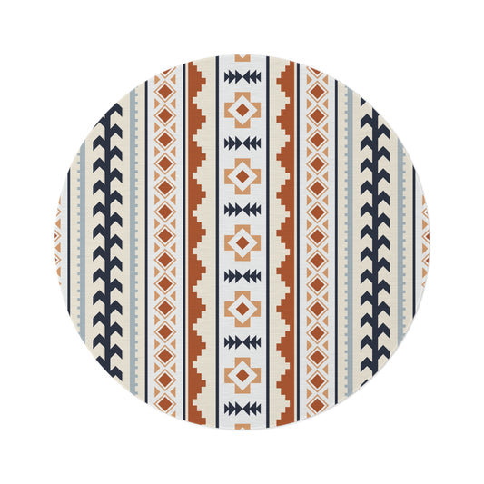 Mexican Boho round rug in cream with rust, navy and pale blue Aztec stripes, shown flat