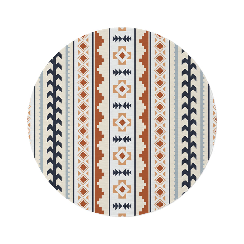 Mexican Boho round rug in cream with rust, navy and pale blue Aztec stripes, shown flat