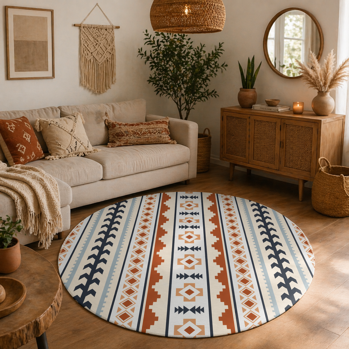Boho round rug in a living room with a cream sofa, macrame wall hanging and wooden sideboard