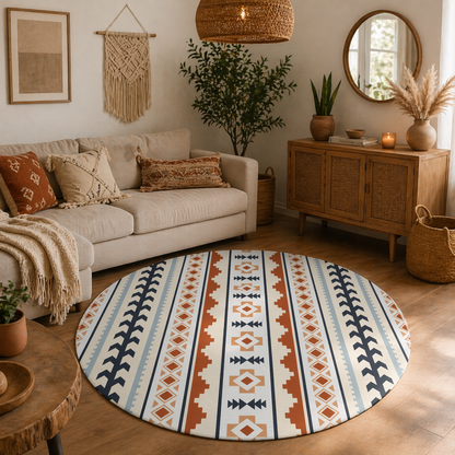 Boho round rug in a living room with a cream sofa, macrame wall hanging and wooden sideboard