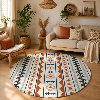 Aztec stripe round rug in a boho living room with rattan chairs and potted plants