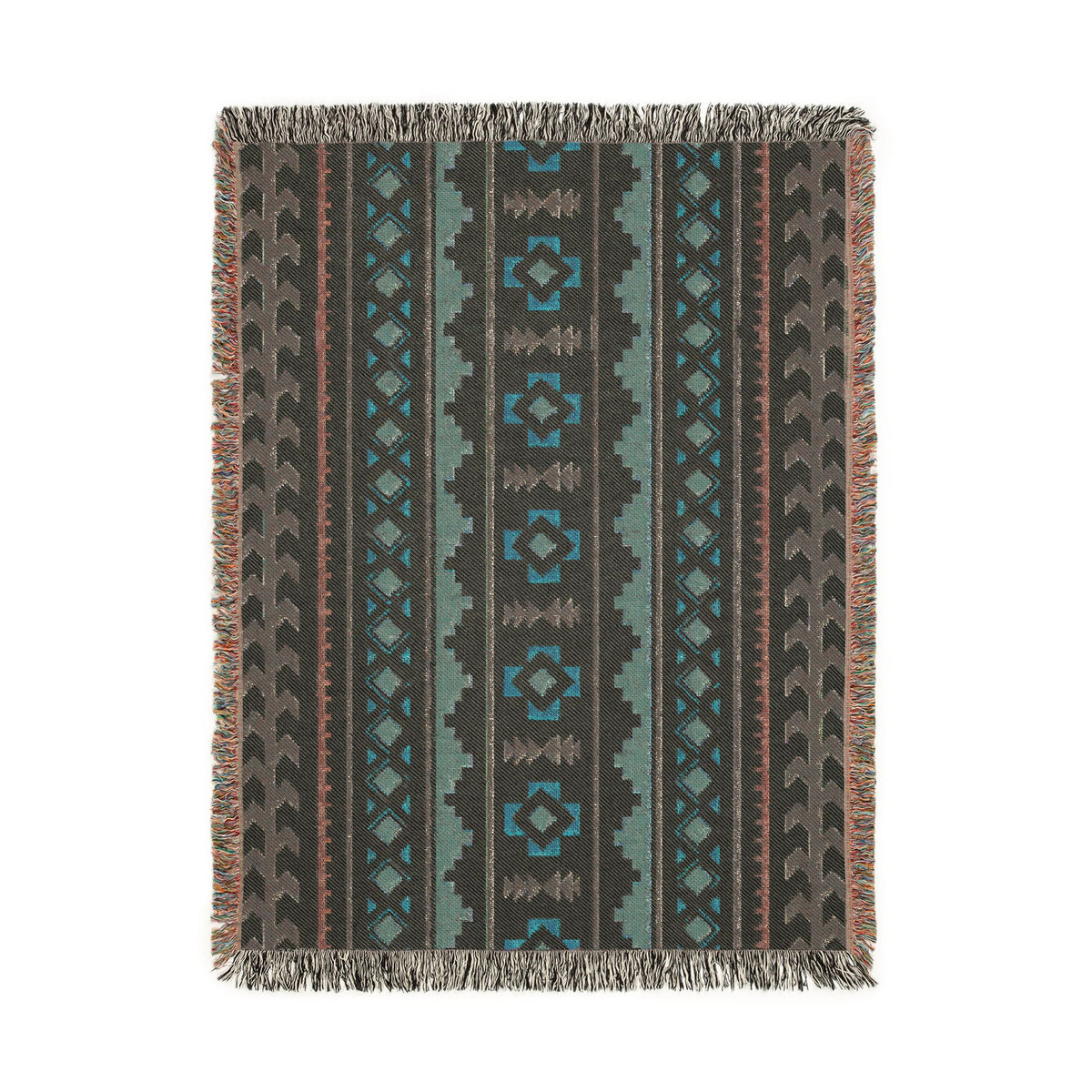 Back side of the Mexican Boho woven blanket showing the reversed teal and terracotta pattern