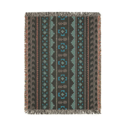 Back side of the Mexican Boho woven blanket showing the reversed teal and terracotta pattern