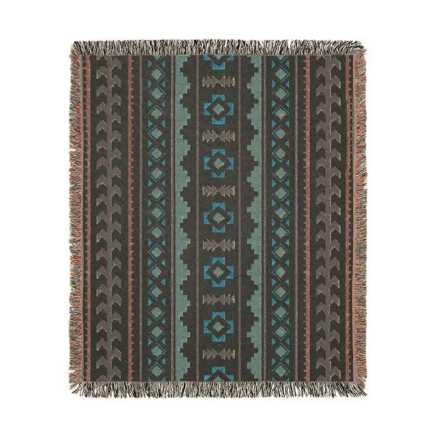 Reverse side of the Mexican Boho woven blanket in deep green and cream