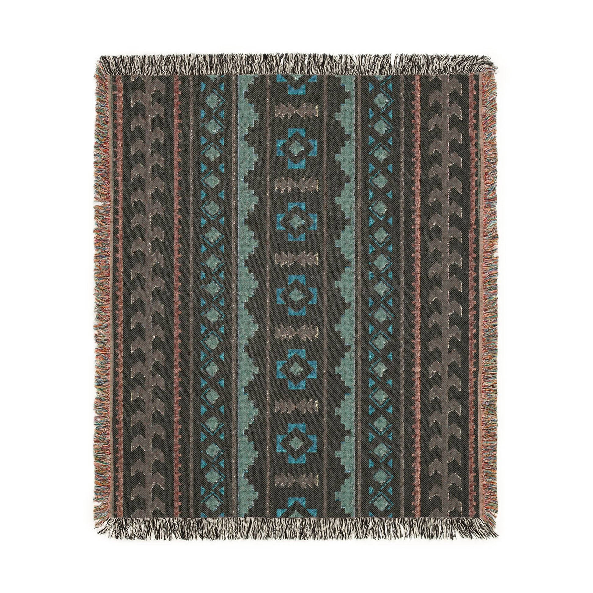 Reverse side of the Mexican Boho woven blanket in deep green and cream