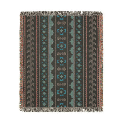 Reverse side of the Mexican Boho woven blanket in deep green and cream