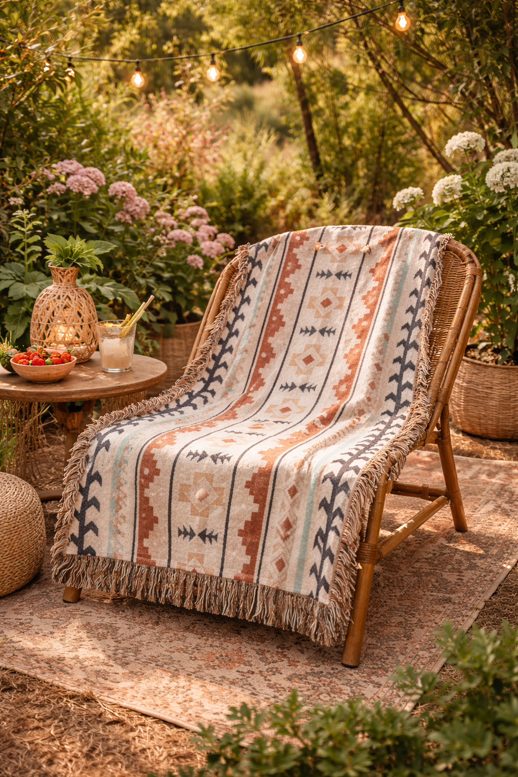 Mexican Boho woven blanket used as a bedspread under a macrame wall hanging