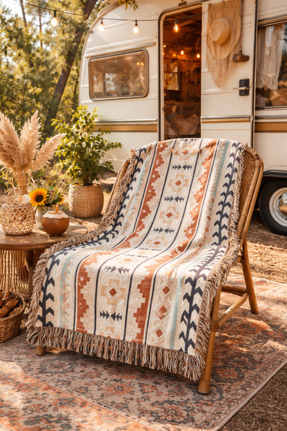 Mexican Boho woven blanket draped over a rattan chair outside a vintage camper with pampas grass and sunflowers
