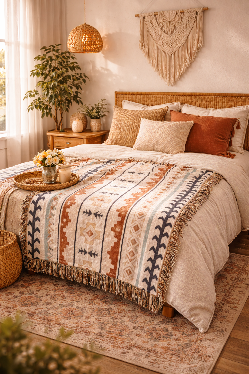 Mexican Boho woven blanket folded and stacked beside a vase of dried stems