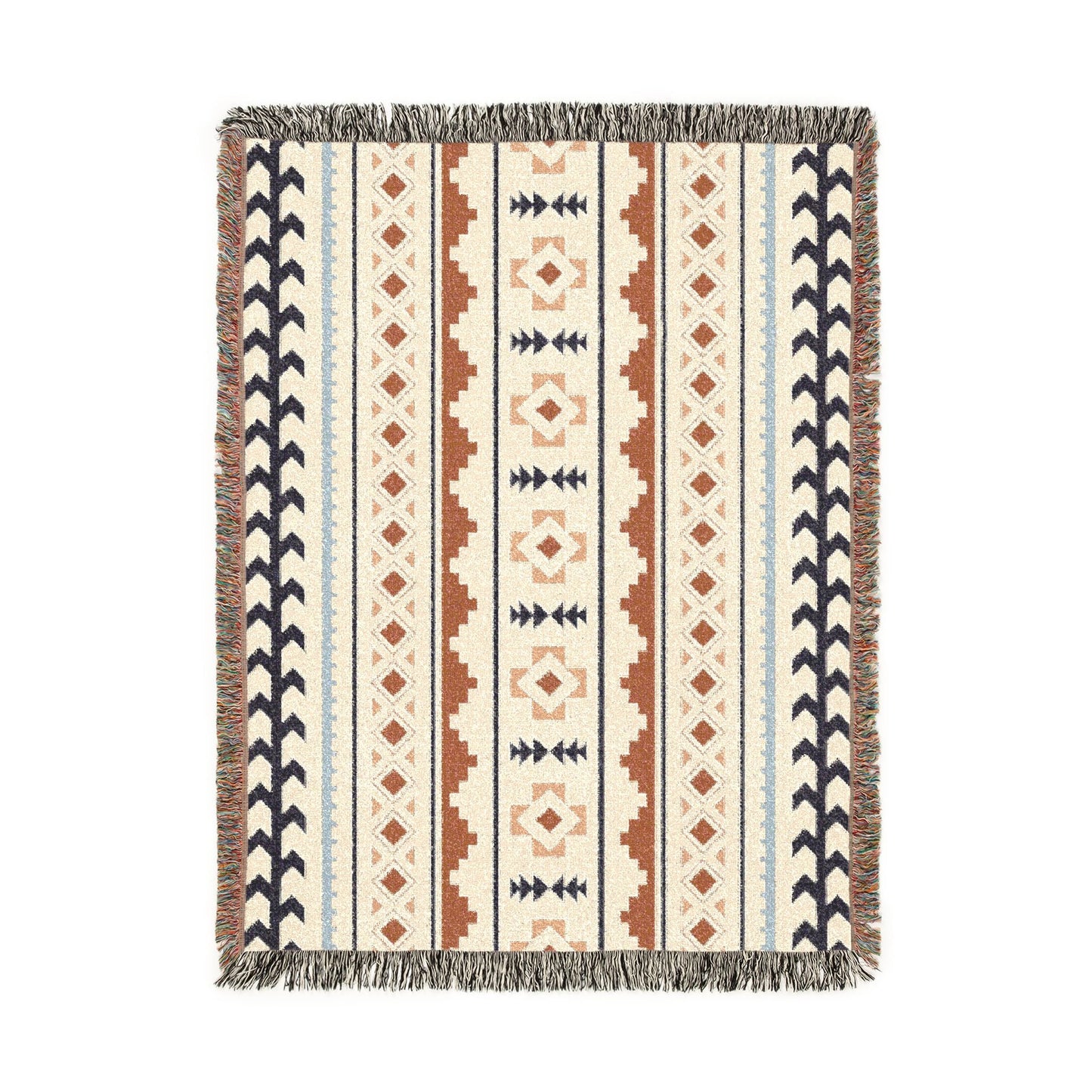 Mexican Boho woven blanket in cream with rust, navy and pale blue Aztec stripes, shown flat
