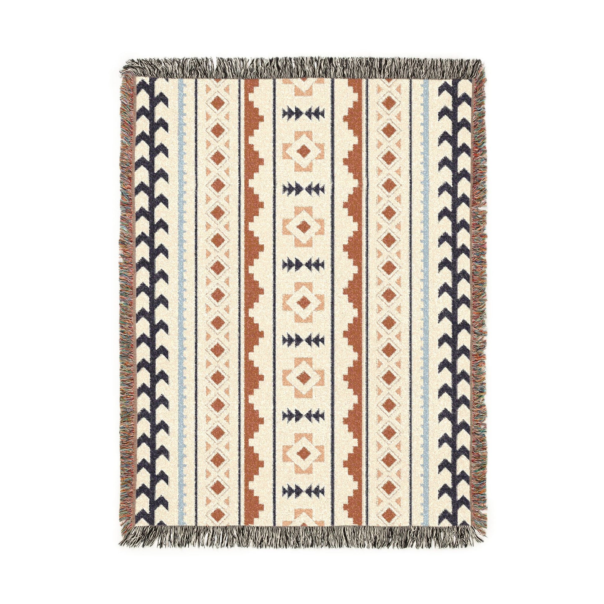 Mexican Boho woven blanket in cream with rust, navy and pale blue Aztec stripes, shown flat
