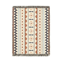 Mexican Boho woven blanket in cream with rust, navy and pale blue Aztec stripes, shown flat
