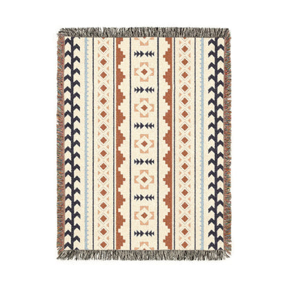 Mexican Boho woven blanket in cream with rust, navy and pale blue Aztec stripes, shown flat