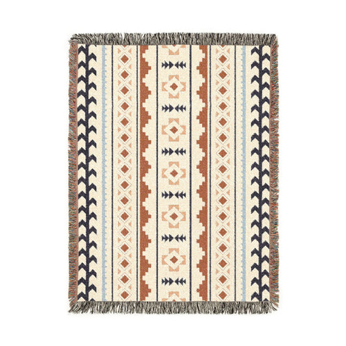 Mexican Boho woven blanket in cream with rust, navy and pale blue Aztec stripes, shown flat