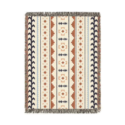 Mexican Boho woven blanket in cream with rust, navy and pale blue Aztec stripes, shown flat