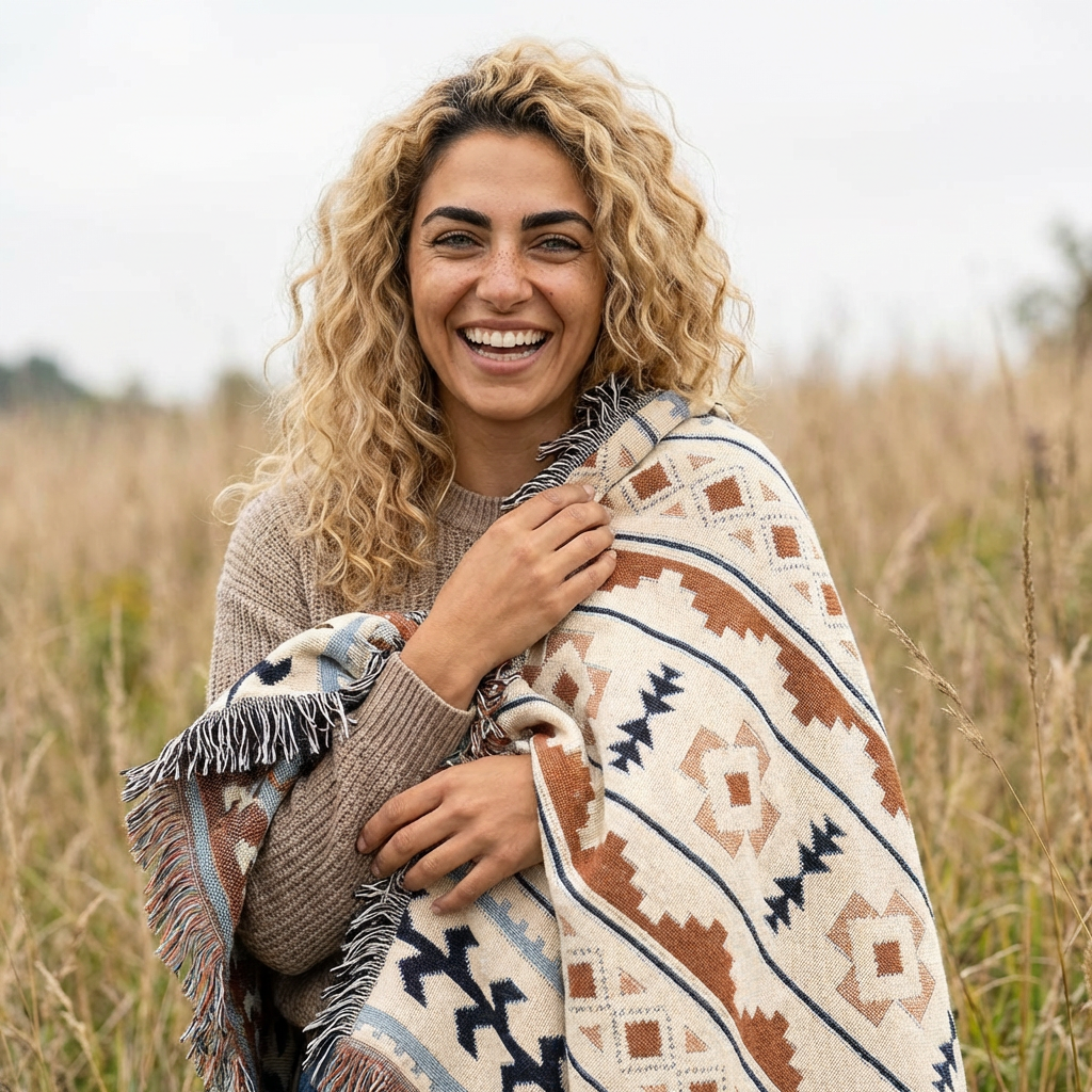 Woman wrapped in the Mexican Boho woven blanket in a field, showing the size and the fringed edge