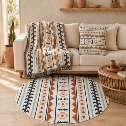 Mexican Boho woven pillow on a cream sofa with the matching Mexican Boho woven blanket and round rug