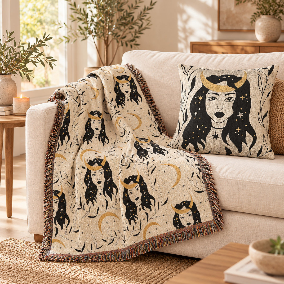 Moon Goddess woven blanket draped over a cream linen sofa with the matching Moon Goddess woven pillow