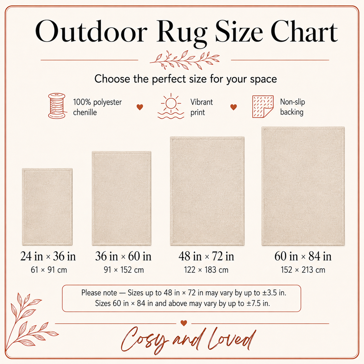 Outdoor rug size chart showing four sizes: 24 x 36, 36 x 60, 48 x 72 and 60 x 84 inches. 100% polyester chenille with a vibrant print and a non-slip backing