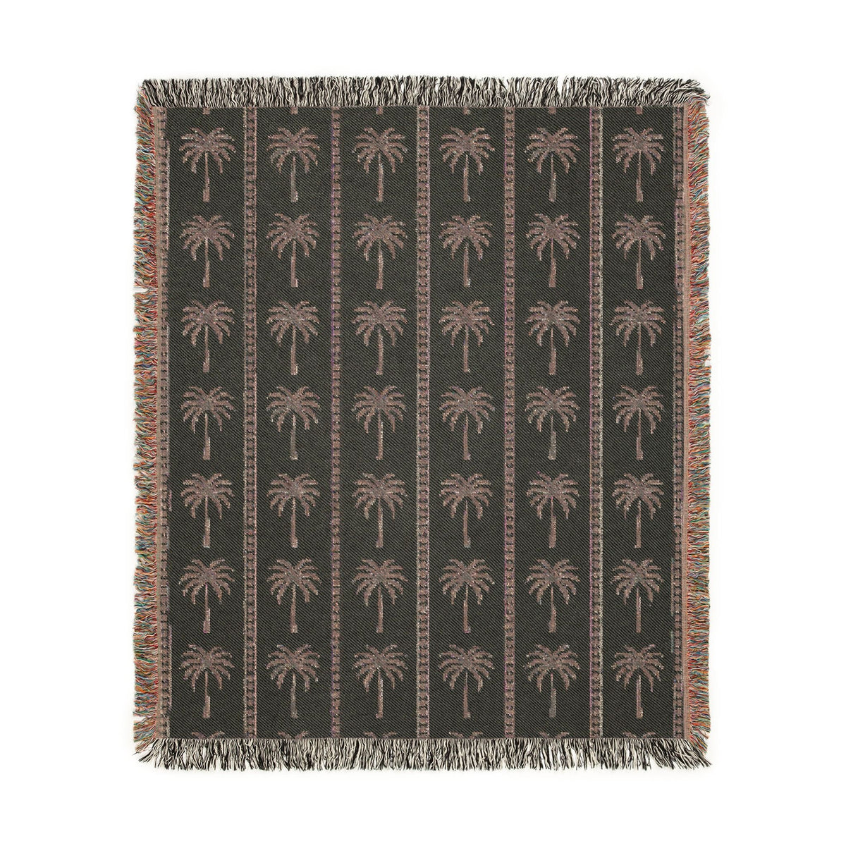 Reverse side of the Palm Tree woven blanket in charcoal with cream palms