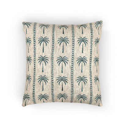 Palm Tree woven pillow in cream with teal palm trees and striped borders, front view