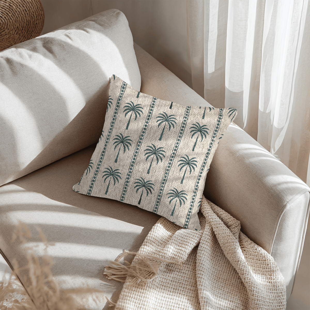 Palm Tree woven pillow on a rattan chair with string lights at dusk