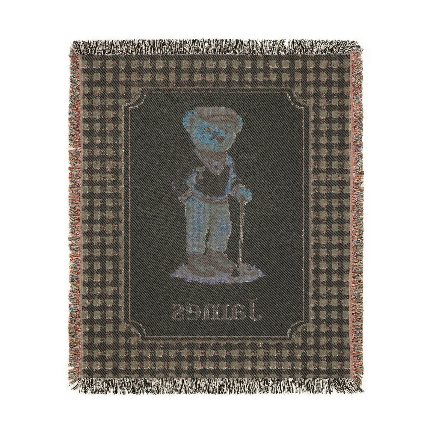 Reverse side of the personalized bear golf baby blanket in deep brown