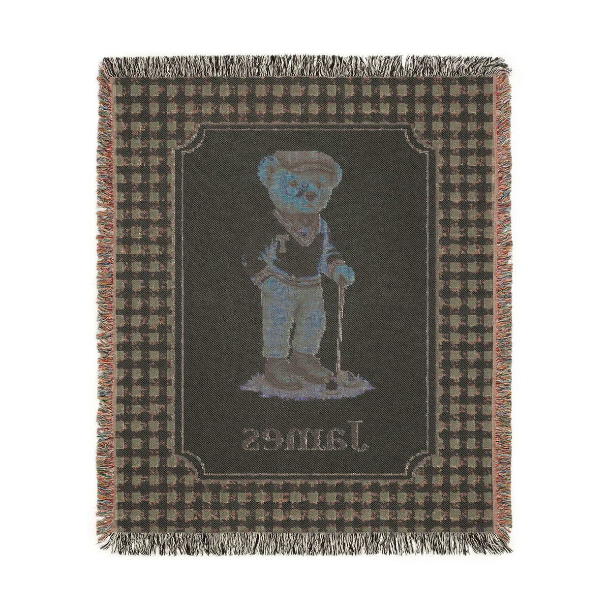 Reverse side of the personalized bear golf baby blanket in deep brown