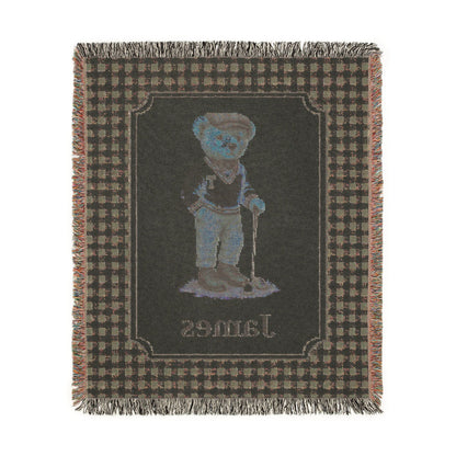 Reverse side of the personalized bear golf baby blanket in deep brown
