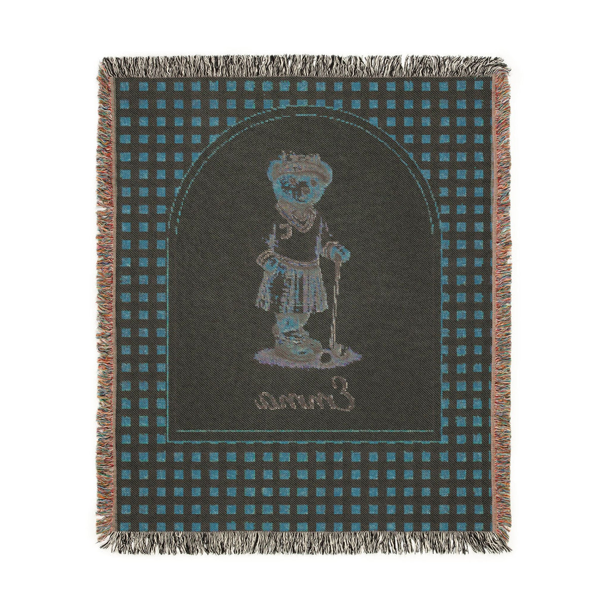 Reverse side of the personalized bear golf baby blanket in deep teal