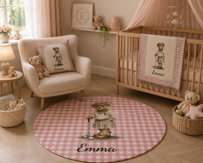 Mother holding the personalized bear golf baby blanket up to the light