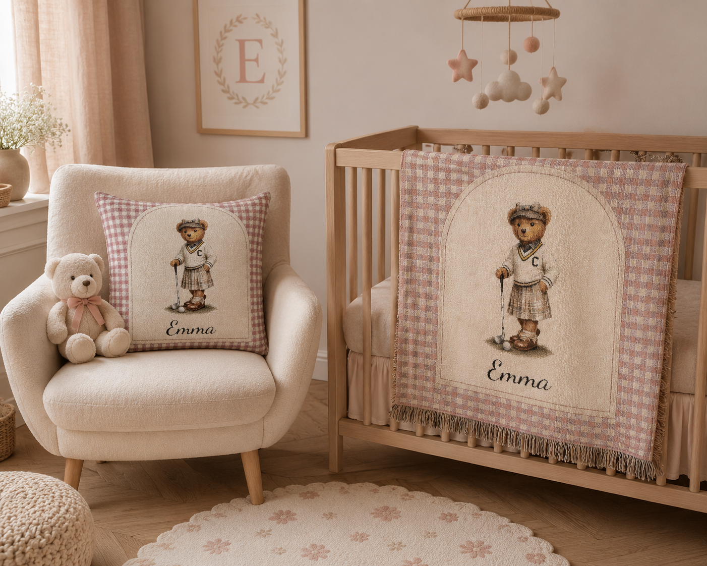 Personalized bear golf baby blanket in a pink nursery with a crib and armchair