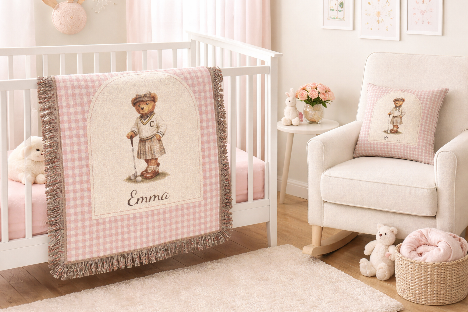 Personalized bear golf baby blanket with the matching bear golf baby pillow in a nursery