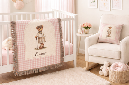 Personalized bear golf baby blanket with the matching bear golf baby pillow in a nursery