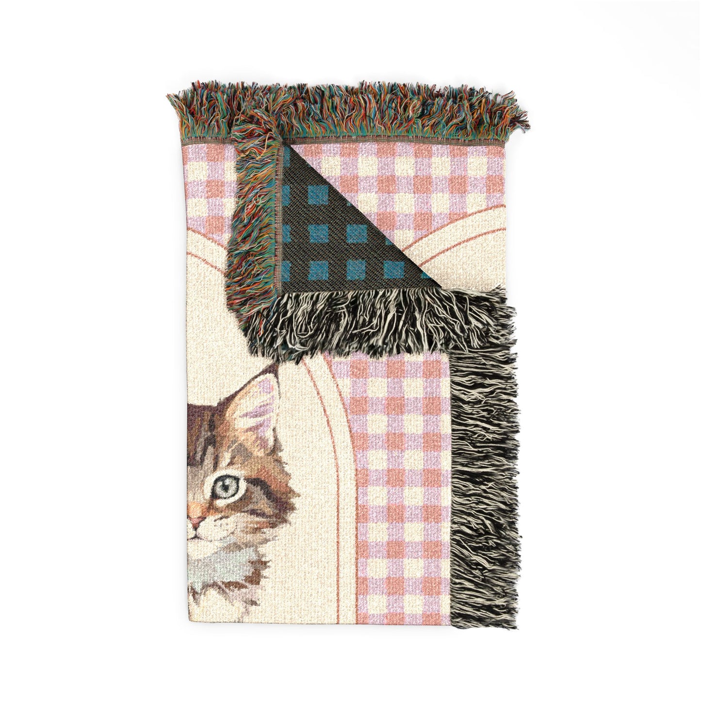 Folded personalized cat baby blanket showing the fringed edge and the dark green reverse side